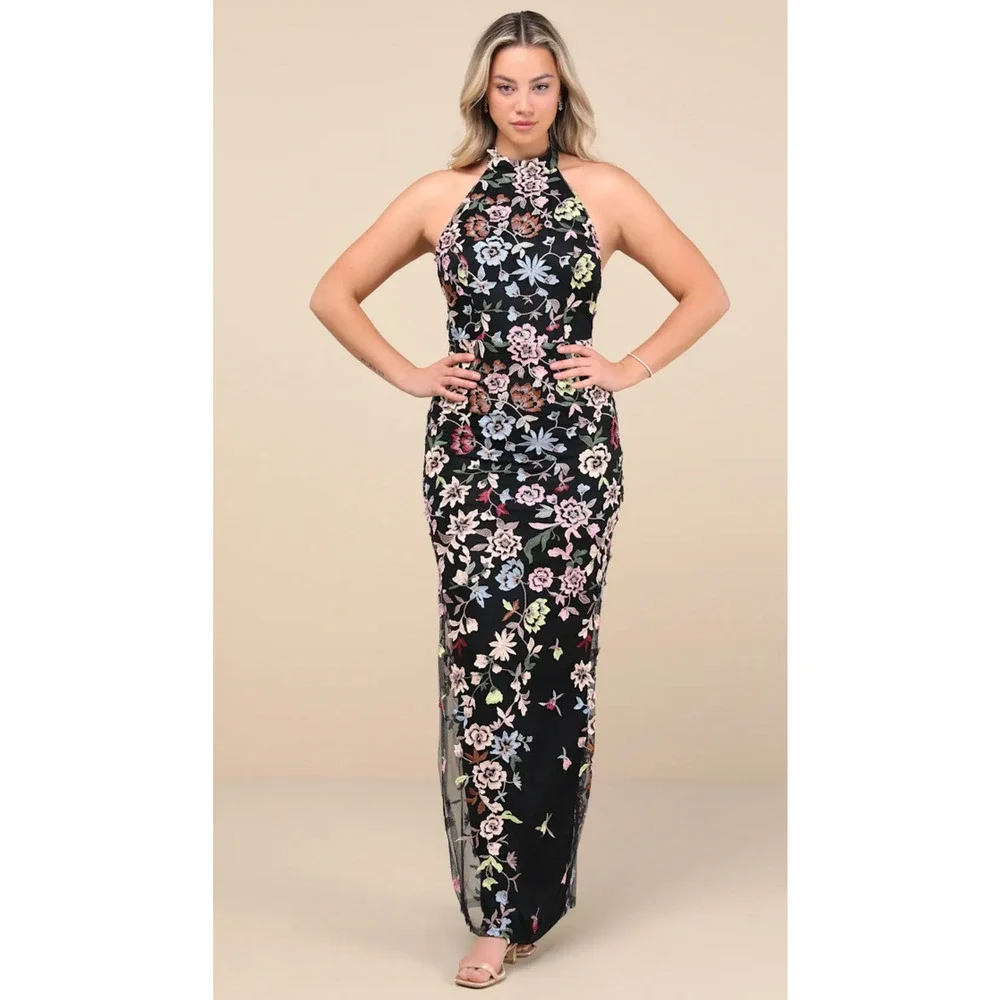 Lulus Black 3D Floral Embroidered Halter Infinite Praise Maxi Dress Size M - Picture 10 of 13